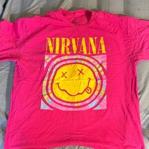 NIRVANA Hot Pink Tee with Yellow Smiley Graphic